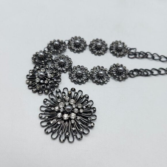 Erica Lyons Black Floral Statement Necklace With Faux Pearls Rhinestones - Picture 5 of 7